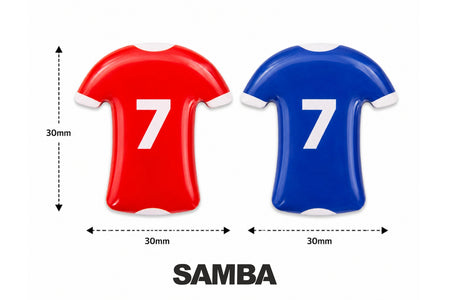 Two flat magnets shaped like soccer jerseys—one red and one blue—each featuring a white number 7 and measuring 30mm by 30mm, are displayed. Below them, “SAMBA SPORTS” is boldly printed in black. Ideal for tactics boards, these magnetic player markers from the Football Coaching Board Shirt Magnets Set of 27 by Samba Sports are perfect for any football coaching board.