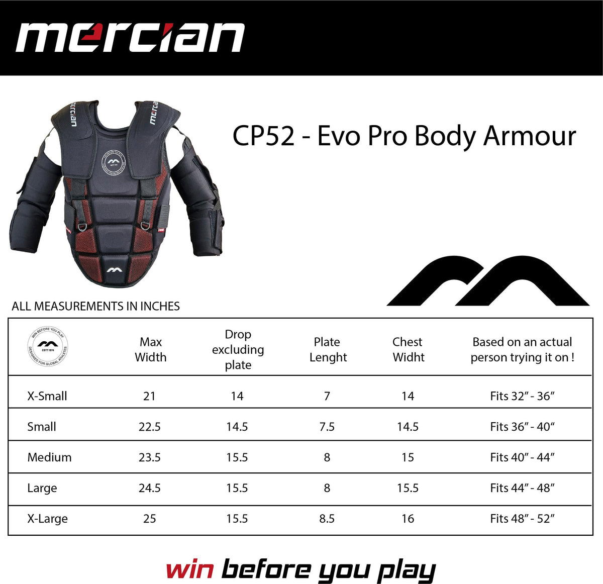 A size chart for Mercian Evolution Pro Body Armour - Elite Goalkeeper Protection Black/Red shows an image of the vest and size details (X-Small to X-Large) for max width, drop, plate length, chest width, and fit range in inches.