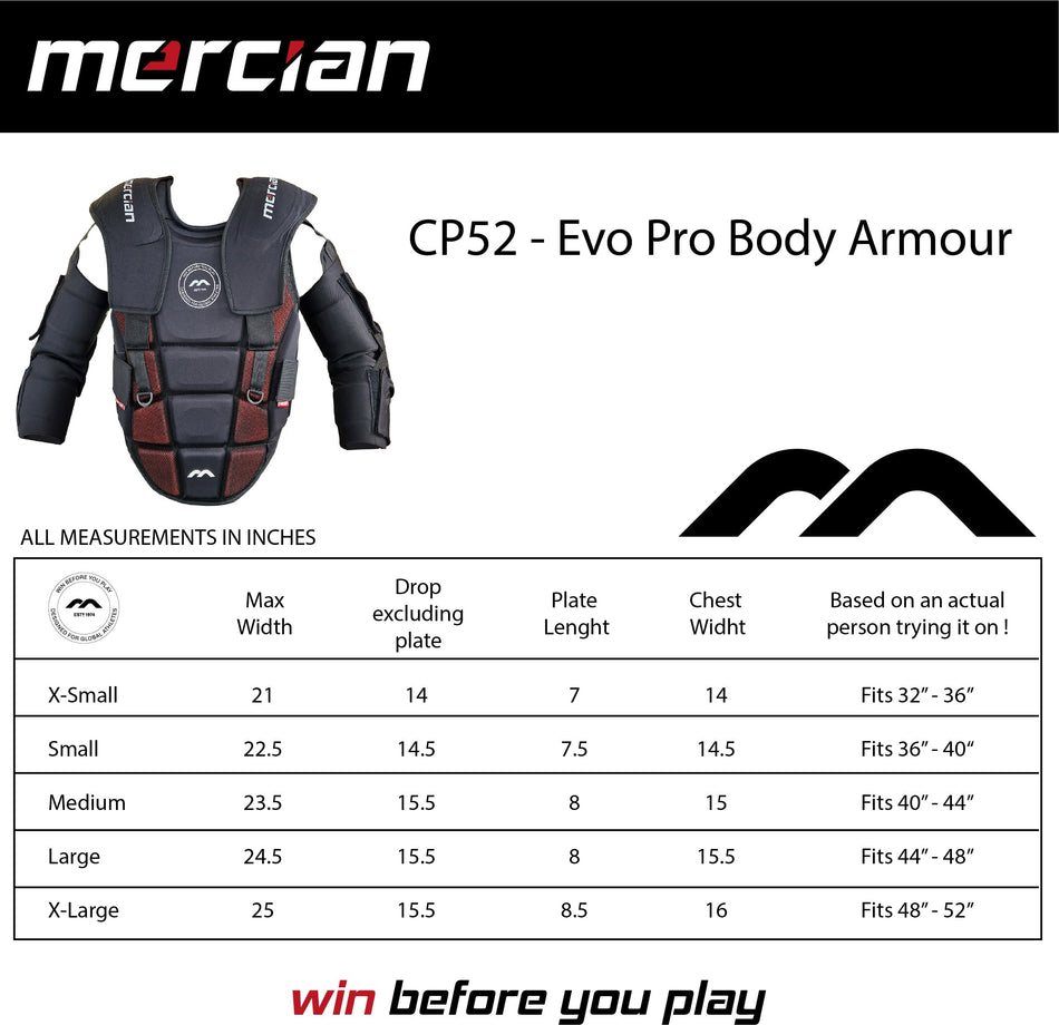 A size chart for Mercian Evolution Pro Body Armour - Elite Goalkeeper Protection Black/Red shows an image of the vest and size details (X-Small to X-Large) for max width, drop, plate length, chest width, and fit range in inches.