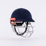 The Gray Nicolls Ultimate 360 Pro Cricket Helmet in navy features neck protection, a titanium face grille, black chin strap, and a red Gray Nicolls label on the side, set against a plain white background.