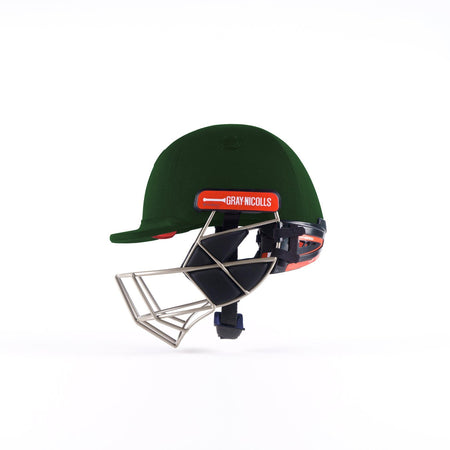 The Gray Nicolls Evo Pro Cricket Helmet in green features a titanium faceguard, a red and white Gray Nicolls logo, and the Halo 360 neckguard, displayed against a plain white background.
