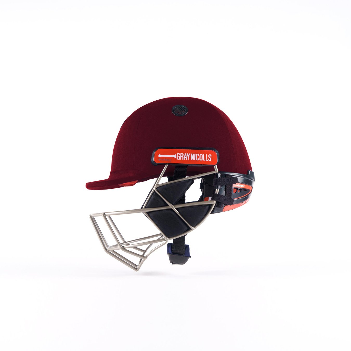 The Gray Nicolls Evo Pro Cricket Helmet in maroon, featuring a titanium faceguard and branded logo on the front, is shown against a plain white background—an excellent choice for advanced players seeking top protection.
