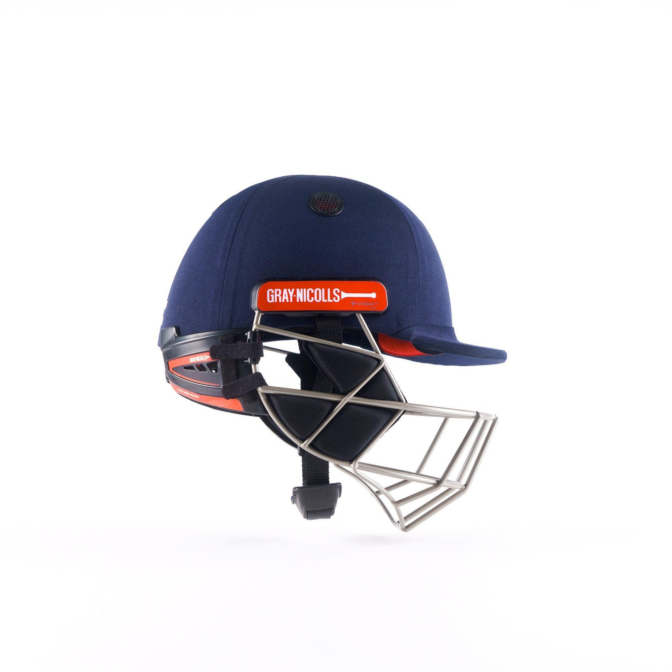 The Gray Nicolls Evo Pro Cricket Helmet in navy features a titanium faceguard, red accents, and a visible Gray Nicolls logo on the side, shown against a plain white background.