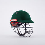 The Gray Nicolls Ultimate 360 Helmet is a green cricket helmet with a 360 faceguard for enhanced jaw protection and red Gray Nicolls branding on the side, displayed against a plain white background.
