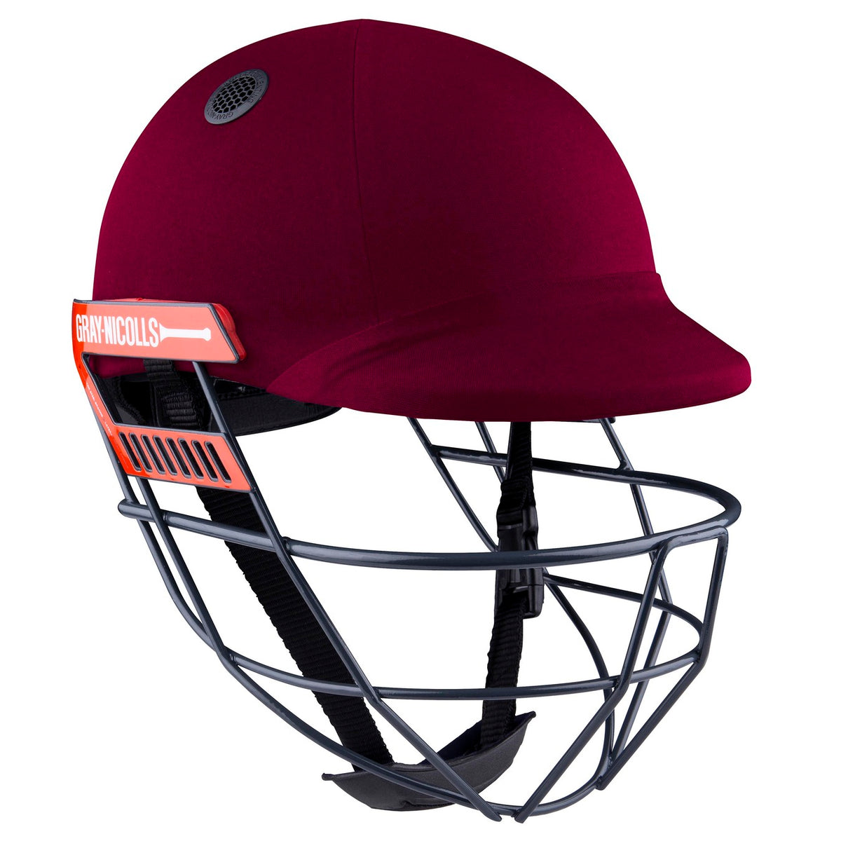 The Gray Nicolls Ultimate 360 Helmet is maroon with a 360 faceguard for jaw protection, a black chin strap, and an orange GRAY-NICOLLS label on the side.