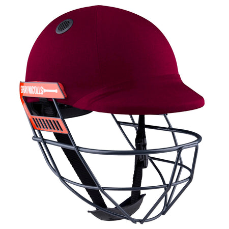 The Gray Nicolls Ultimate 360 Helmet is maroon with a 360 faceguard for jaw protection, a black chin strap, and an orange GRAY-NICOLLS label on the side.