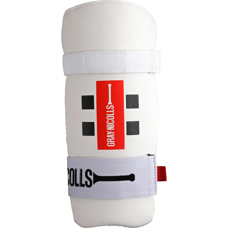 The Gray Nicolls Test Armguard offers dual level protection, a white design with black squares, a red GRAY-NICOLLS label, and an adjustable white strap featuring the brand’s black logo and text.