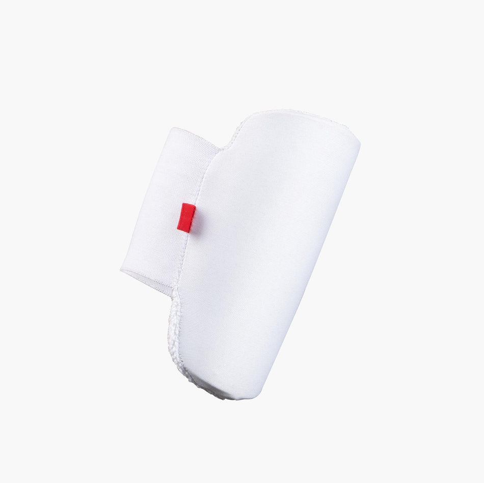 The Gray Nicolls Mini Pro Edition Arm Guard, a white protective gear for junior cricket, features a red tag and is displayed against a plain white background.