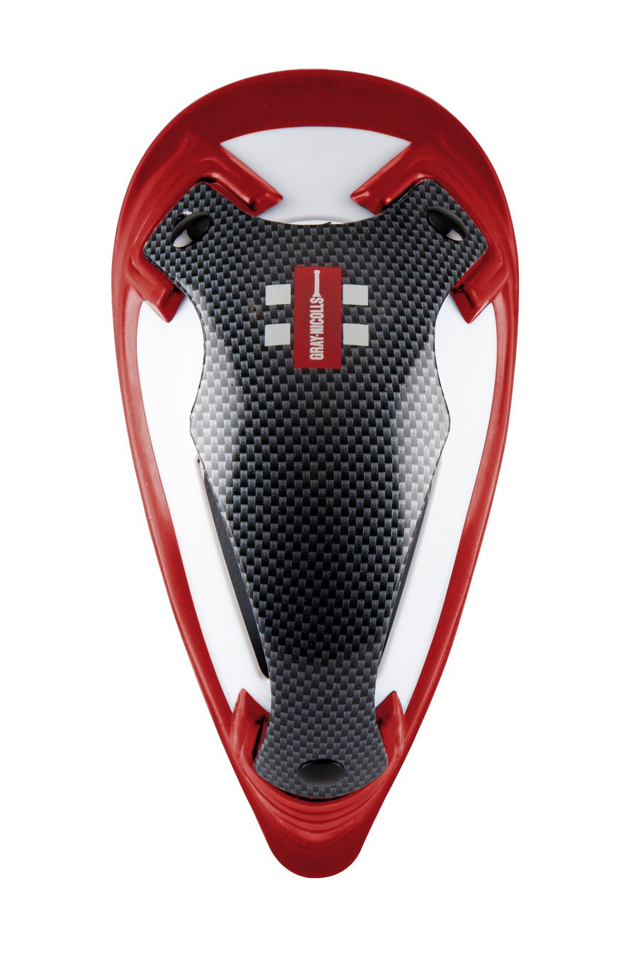 The Gray Nicolls Players Edition Abdo is a black and gray carbon fiber abdo guard with red and white accents, a red border, and a top-center label with white text.