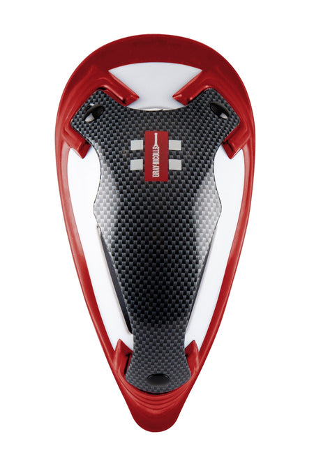 The Gray Nicolls Players Edition Abdo is a black and gray carbon fiber abdo guard with red and white accents, a red border, and a top-center label with white text.