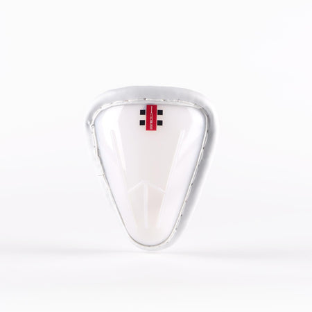 A Gray Nicolls Male Abdo Guard, featuring a white athletic protective cup with a padded rim and a small red Gray Nicolls label at the top, is displayed against a plain white background.