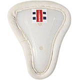 The Gray Nicolls Female Abdo Guard is a white women's cricket box with padded edges and a small red and blue label at the top, combining style, comfort, and protection.