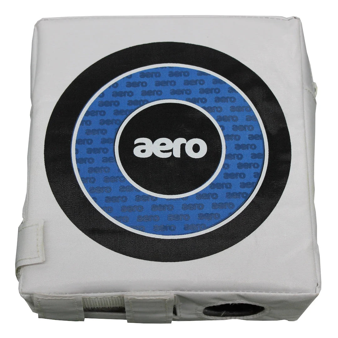 The Aero Off Stump Target by Aero is a square, white cricket training aid with a blue and black circular Aero logo, reinforced stitching, and a visible hole on the lower right side. Perfect for bowling practice.