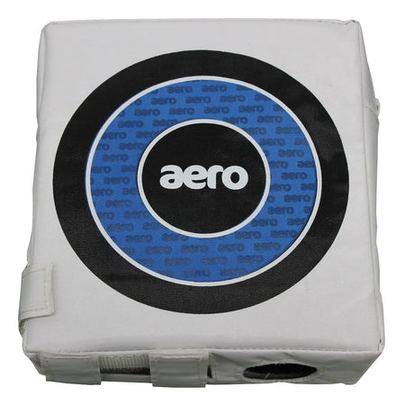 The Aero Off Stump Target by Aero is a square, white cricket training aid with a blue and black circular Aero logo, reinforced stitching, and a visible hole on the lower right side. Perfect for bowling practice.