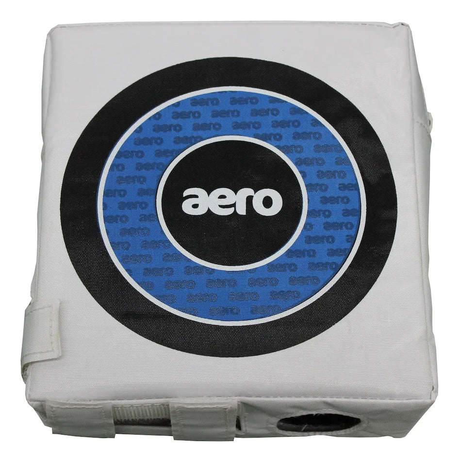 The Aero Off Stump Target by Aero is a square, white cricket training aid with a blue and black circular Aero logo, reinforced stitching, and a visible hole on the lower right side. Perfect for bowling practice.