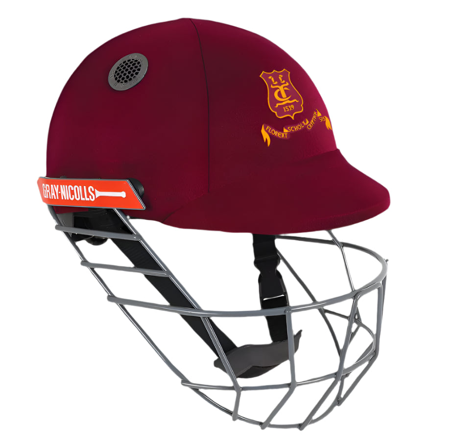 A maroon Custom Gray Nicolls Cricket Helmet (Helmet Extra) with a yellow club logo, metal face guard, black chin straps, side vent, and red Gray Nicolls label—ideal for fans of Gray Nicolls cricket gear.
