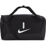 The Nike Academy Team Duffelbag by Nike features a black design with a white swoosh, adjustable shoulder strap, double handles, zippered main compartment, and side pocket—perfect for organizing sports gear against a white backdrop.