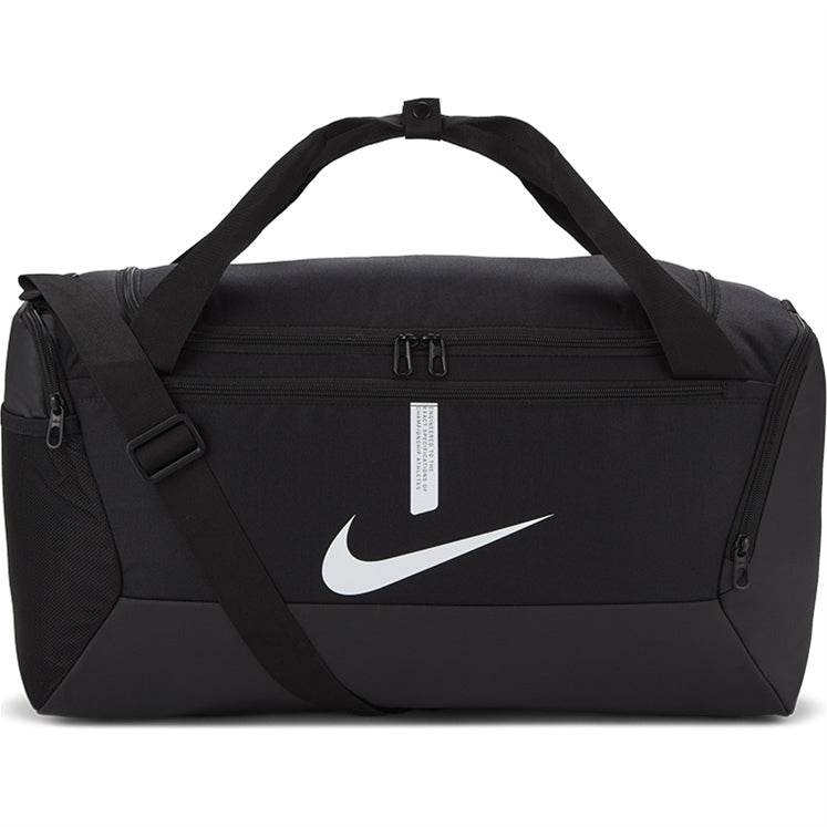 The Nike Academy Team Duffelbag by Nike features a black design with a white swoosh, adjustable shoulder strap, double handles, zippered main compartment, and side pocket—perfect for organizing sports gear against a white backdrop.