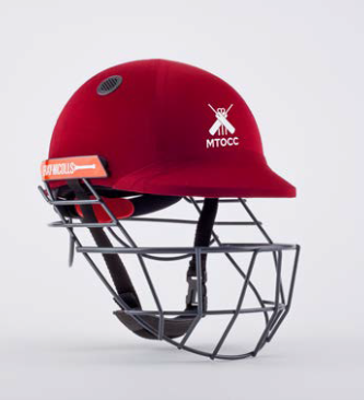 A custom Gray Nicolls cricket helmet in maroon with a face guard, featuring your club logo and an orange label—ideal for fans of personalized cricket gear—set on a plain light background. Brand: Gray Nicolls. Product: Custom Cricket Helmets with Club Logo (Helmet Extra).