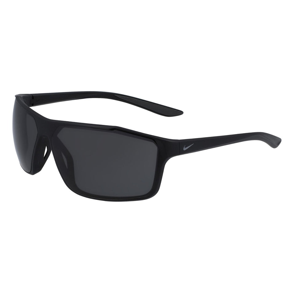 Nike Windstorm Performance Glasses by Nike feature rectangular dark-tinted lenses and a sleek sporty frame for maximum coverage, with the white Nike Swoosh logo on the temple arm.