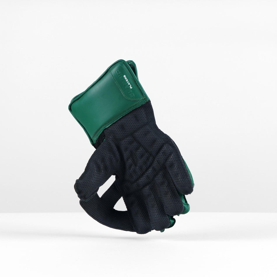 The Gray Nicolls Classic Players WK Gloves 2026, black with padded green knuckles and wrist, and octopus rubber grip, are shown upright against a plain white background.