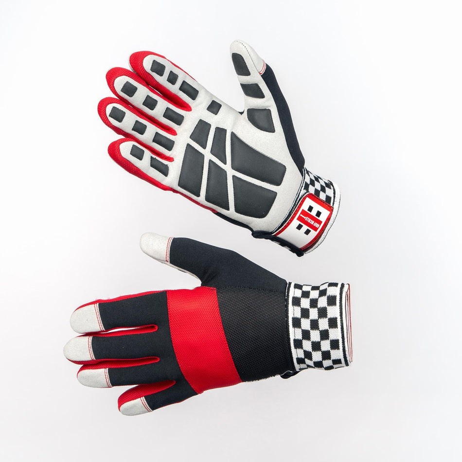 Gray Nicolls Pro Performance Wicket Keeping Inners, in red, black, and white with checkered cuffs and padded palms and fingers, shown on a white background. Perfect for wicket keeping as match-ready gear from Gray Nicolls.