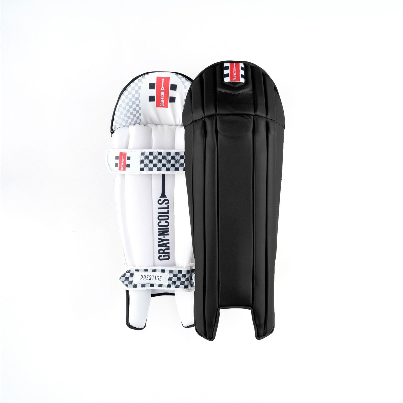 A pair of Gray Nicolls Prestige WK Pads (Coloured) in black, designed for pro-level wicket keeping, are shown upright on a white background.