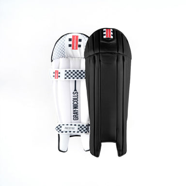A pair of Gray Nicolls Prestige WK Pads (Coloured) in black, designed for pro-level wicket keeping, are shown upright on a white background.