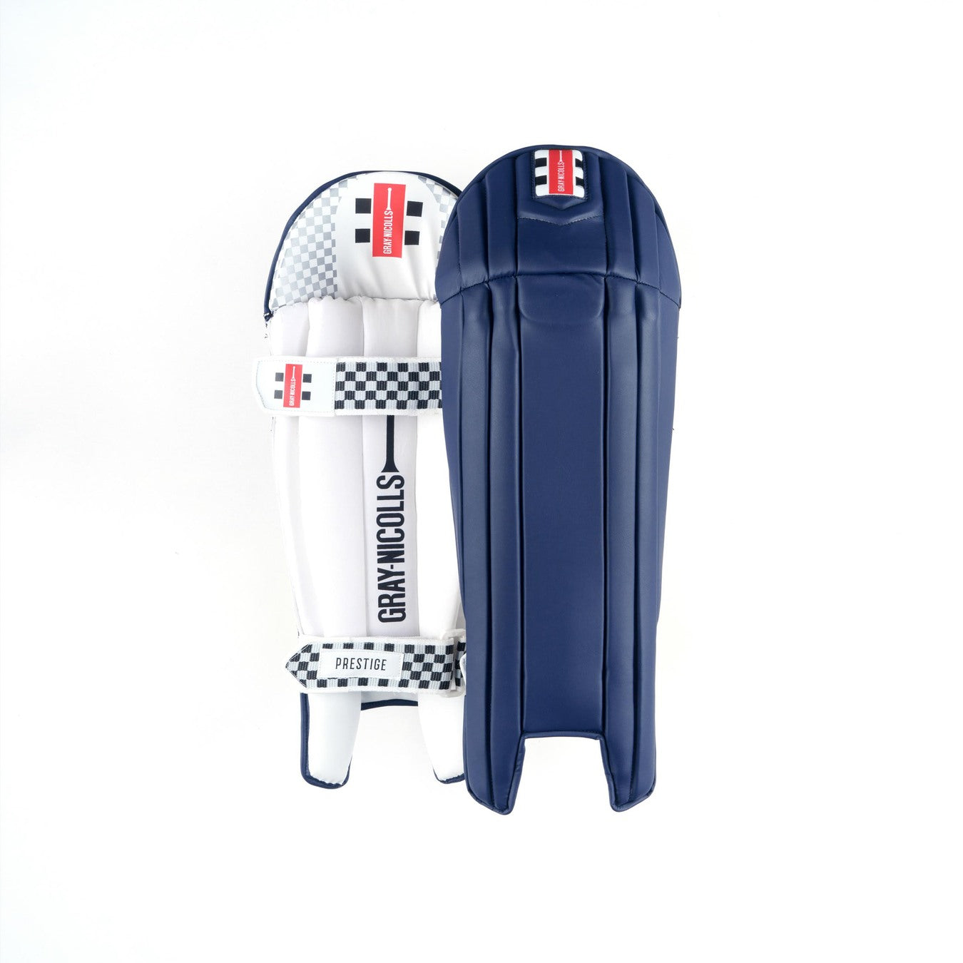 The Gray Nicolls Prestige WK Pads (Coloured) are pro-level wicket keeping pads in solid navy, featuring secure straps, protective padding, and Gray Nicolls branding—lightweight and ideal for performance, displayed on a white background.