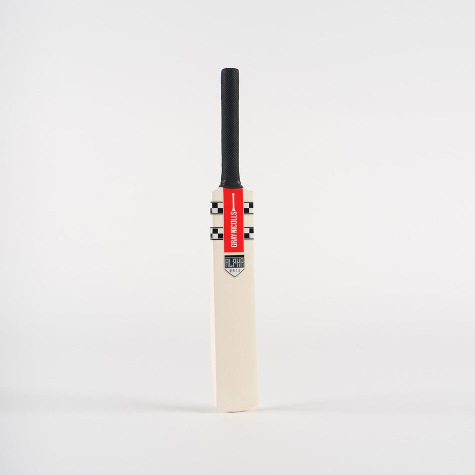 The Gray Nicolls Miniature Cricket Bat features a black handle and a red and white Gray Nicolls label near the top, shown standing upright against a plain white background.