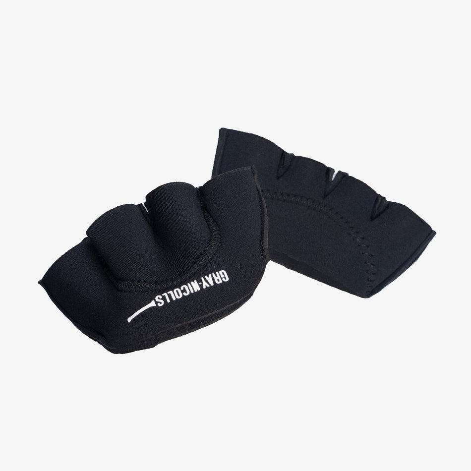 A pair of black, padded, fingerless Gray Nicolls MCP Catching Gloves featuring the white Gray Nicolls logo, displayed on a plain white background.