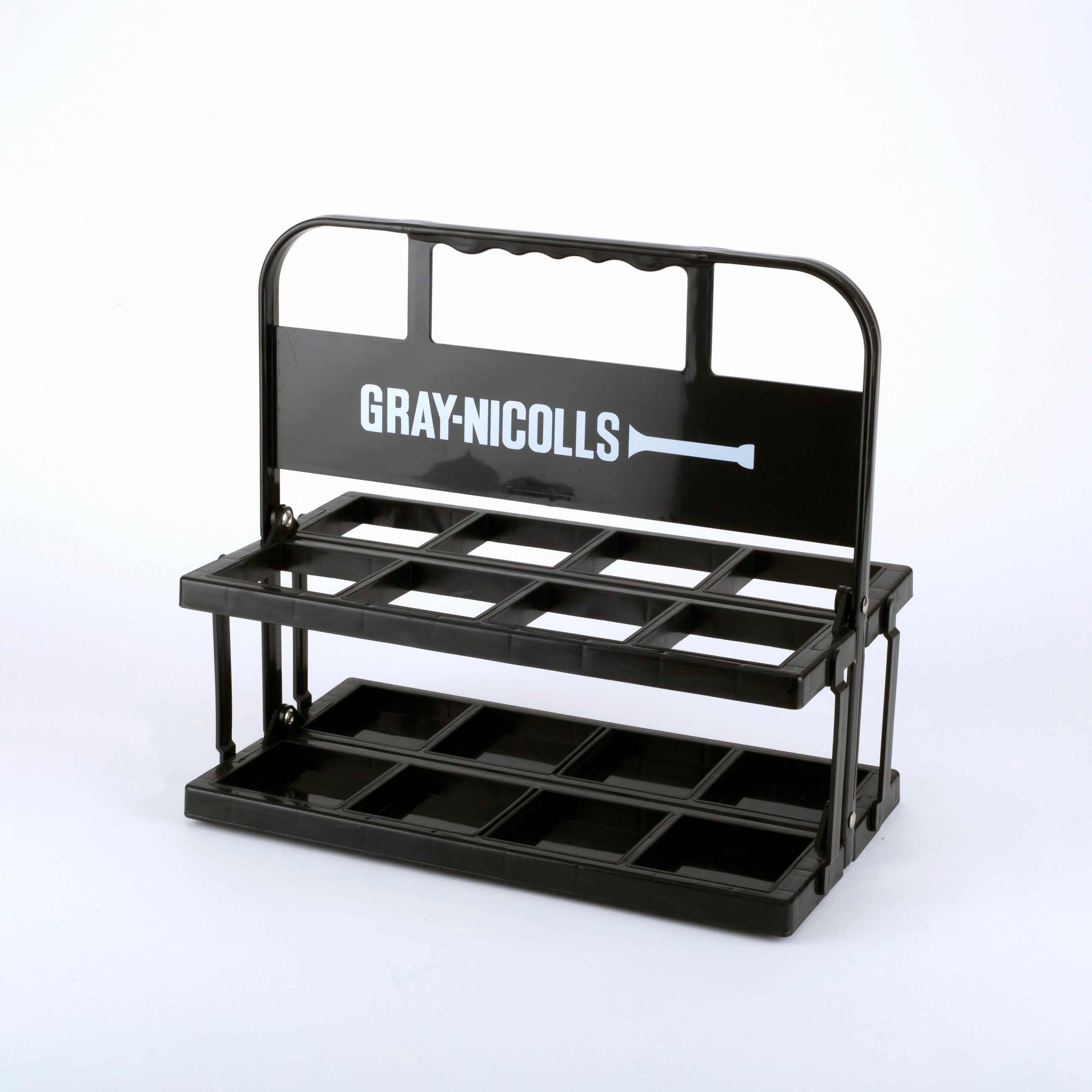 The Gray Nicolls Water Bottle Carrier is a black plastic, two-tier holder with a handle, GN750 compatible—ideal for carrying multiple bottles. Shown here against a plain white background.