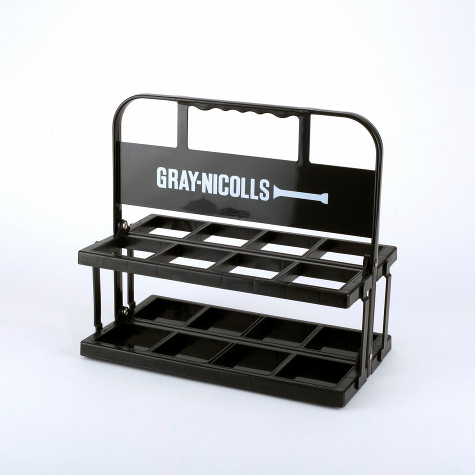 The Gray Nicolls Water Bottle Carrier is a black plastic, two-tier holder with a handle, GN750 compatible—ideal for carrying multiple bottles. Shown here against a plain white background.