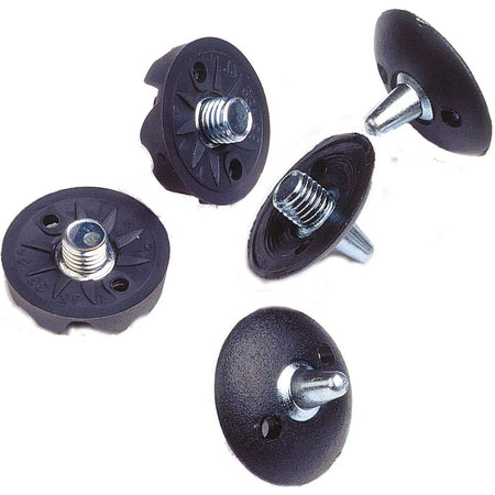Twenty Gray Nicolls Steel Spikes, featuring black and silver threading and textured plastic bases, like those on Gray Nicolls shoes, are displayed from multiple angles against a white background.