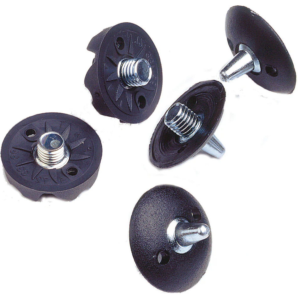 Twenty Gray Nicolls Steel Spikes, featuring black and silver threading and textured plastic bases, like those on Gray Nicolls shoes, are displayed from multiple angles against a white background.