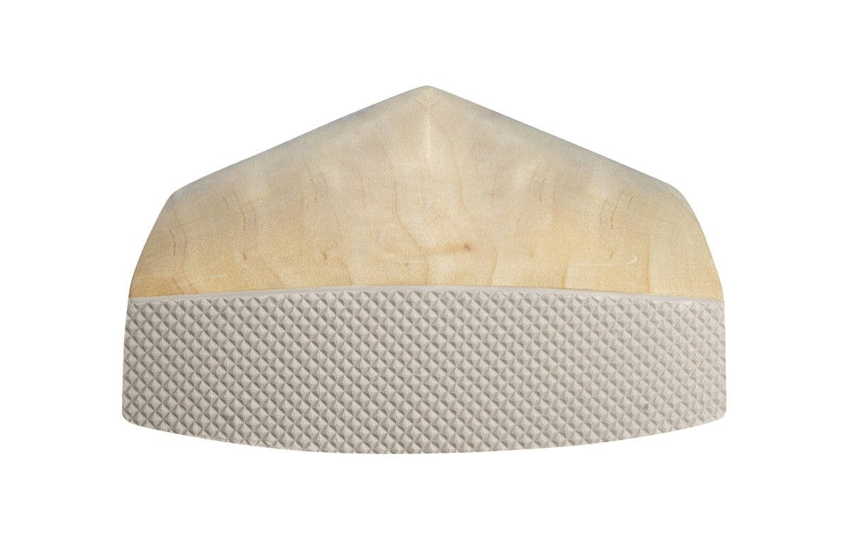 A cream-colored, pointed cap with a diamond-patterned band and smooth, light wood-like top, inspired by the shape of Hunts County Caerulex Senior Cricket Bats by Hunts County.
