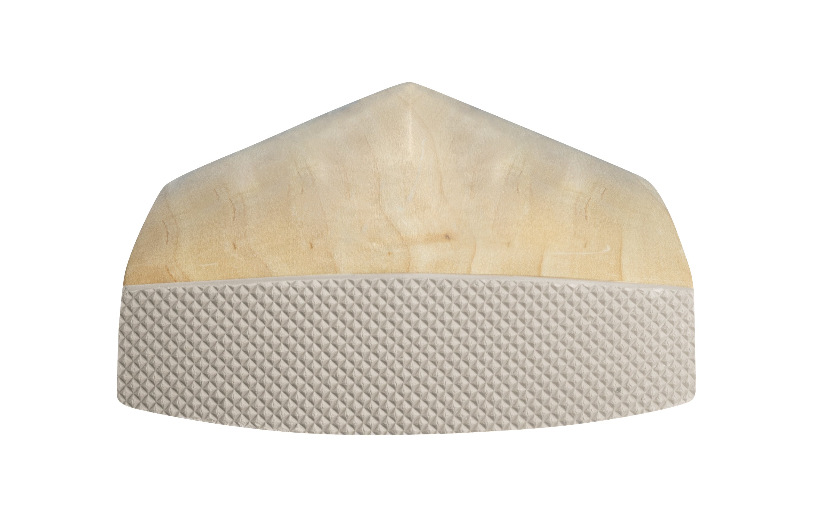 A cream-colored, pointed cap with a diamond-patterned band and smooth, light wood-like top, inspired by the shape of Hunts County Caerulex Senior Cricket Bats by Hunts County.