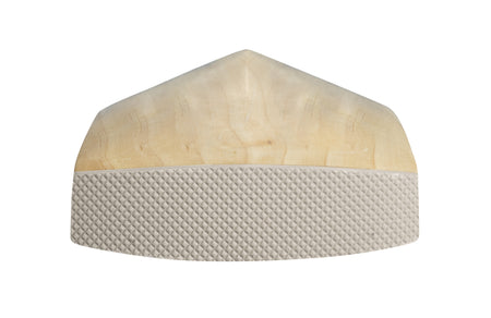 A cream-colored, pointed cap with a diamond-patterned band and smooth, light wood-like top, inspired by the shape of Hunts County Caerulex Senior Cricket Bats by Hunts County.