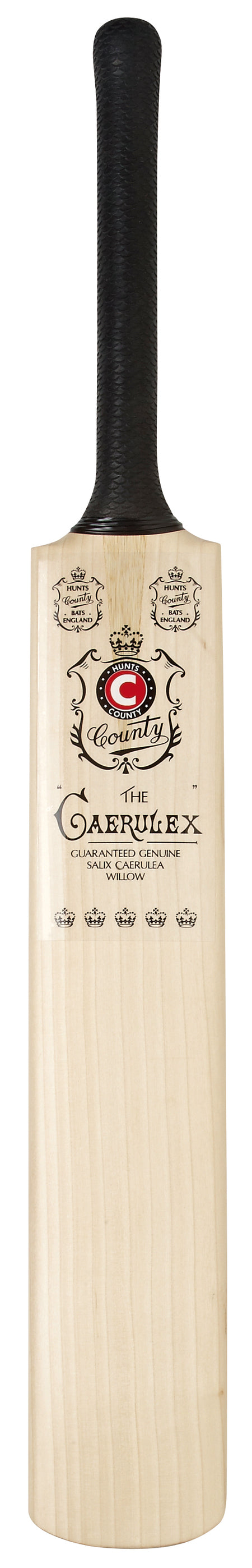 The Hunts County Caerulex Senior Cricket Bat is crafted from Grade 1 English Willow in a traditional shape, featuring a wooden blade, black handle, decorative branding, and crown motifs with the words County and Caerulex.