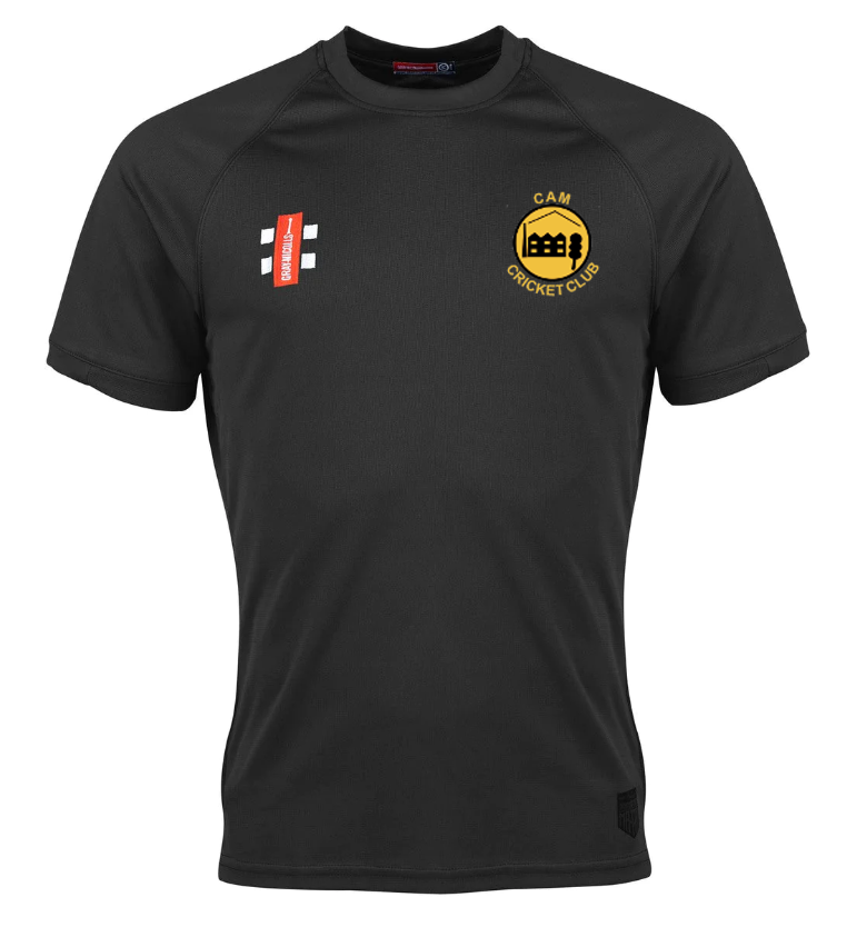 The Gray Nicolls Cam CC Matrix V2 T-Shirt is a black polyester short-sleeve training tee, featuring a yellow CAM Cricket Club logo on the left chest and a red/white sponsor logo on the right chest for moisture-wicking comfort.