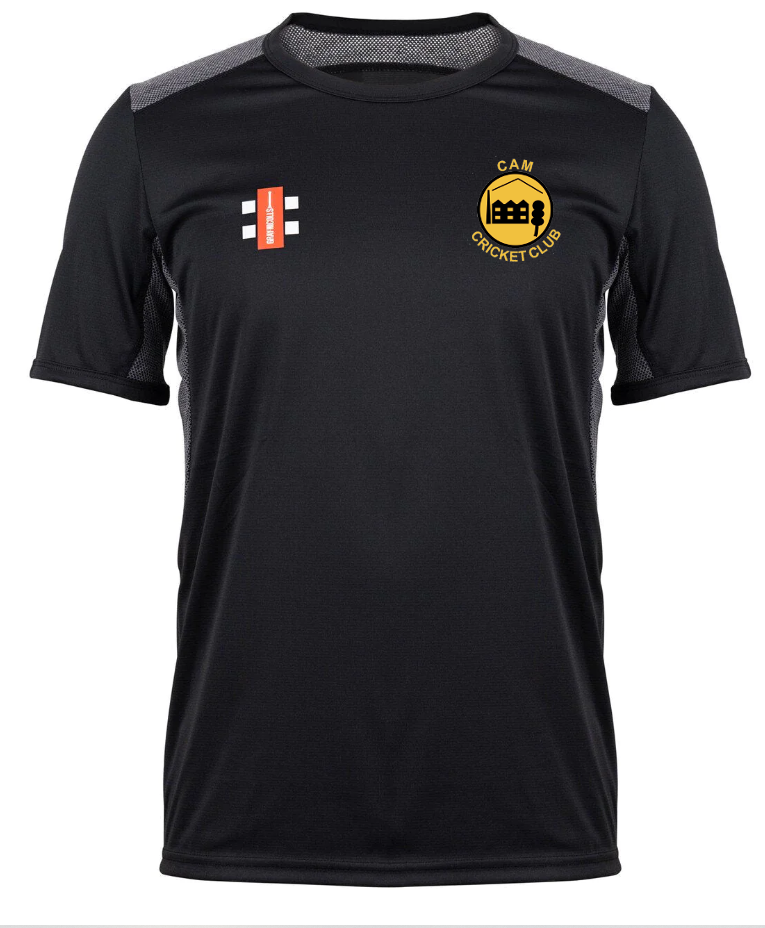 The Gray Nicolls Cam CC Pro Performance T-Shirt is a black short-sleeve top with the CAM Cricket Club yellow logo on the left chest, a red-and-white design on the right, and breathable mesh panels for comfort.
