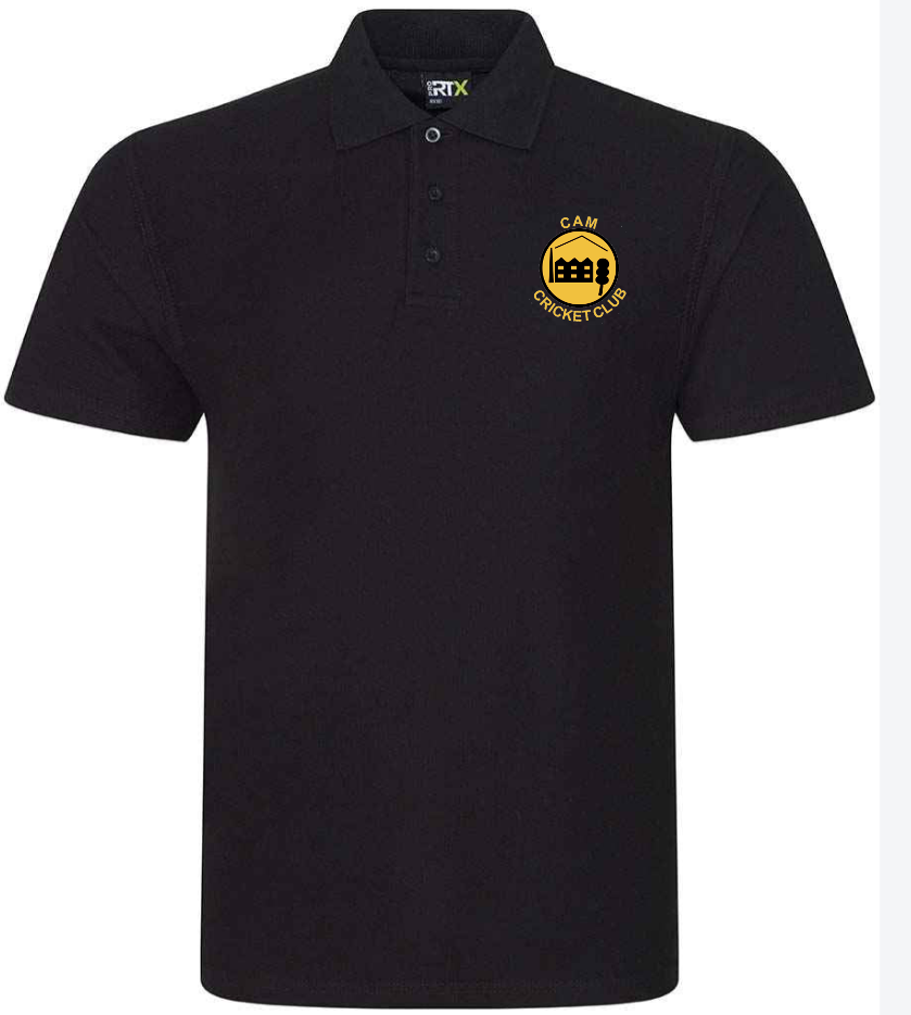 The Cam CC Cotton Polo Shirt by Martin Berrill Sports is a black piqué polo with an embroidered yellow CAM Cricket Club logo and pavilion graphic on the chest, classic collar, and three-button placket for timeless style.