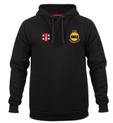 The Gray Nicolls Cam CC Velocity Hoodie is a breathable black hoodie with a yellow CAM Cricket Club logo on the left chest, a small red and white emblem on the right, front pocket, black drawstrings, and designed for everyday comfort.