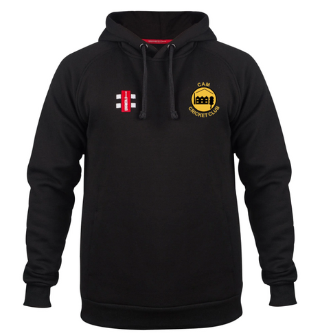 The Gray Nicolls Cam CC Velocity Hoodie is a breathable black hoodie with a yellow CAM Cricket Club logo on the left chest, a small red and white emblem on the right, front pocket, black drawstrings, and designed for everyday comfort.