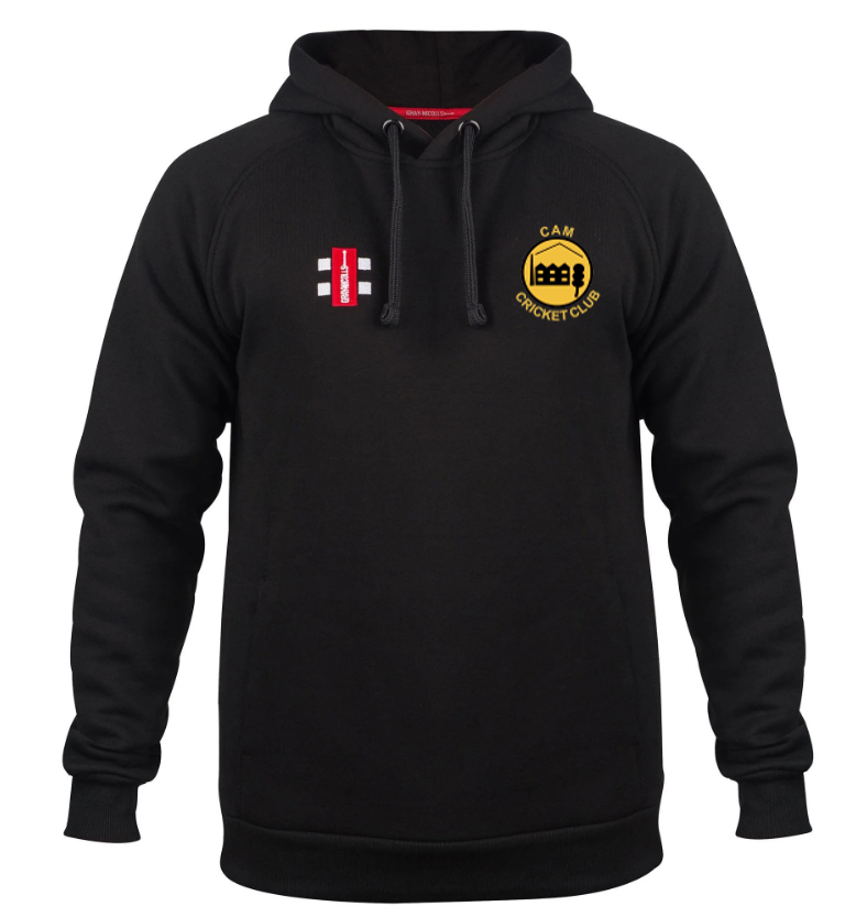 The Gray Nicolls Cam CC Velocity Hoodie is a breathable black hoodie with a yellow CAM Cricket Club logo on the left chest, a small red and white emblem on the right, front pocket, black drawstrings, and designed for everyday comfort.