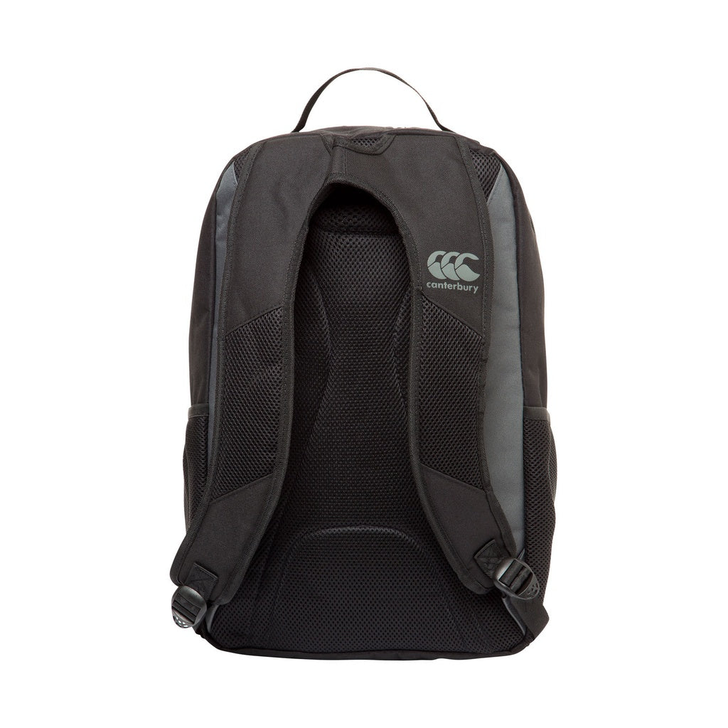 The Canterbury Classic Backpack by Canterbury features ergonomic shoulder straps, a mesh back panel, top handle, padded laptop pocket for protection, and a Canterbury logo on one strap, all shown from the back.