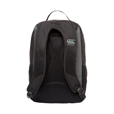 The Canterbury Classic Backpack by Canterbury features ergonomic shoulder straps, a mesh back panel, top handle, padded laptop pocket for protection, and a Canterbury logo on one strap, all shown from the back.