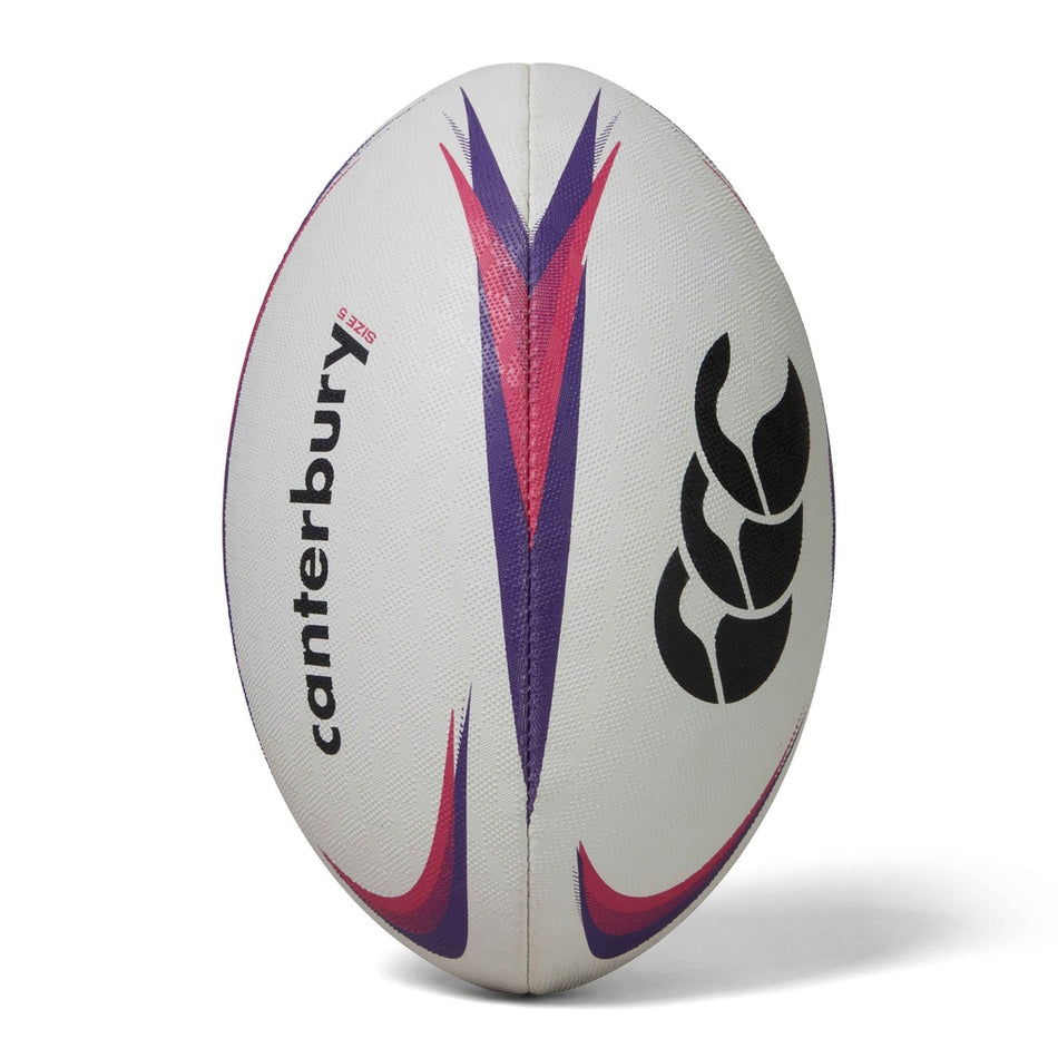 The Canterbury Mentre Rugby Ball by Canterbury features a white, violet, and purple design with curved patterns and black logos on each side, positioned upright against a white background for improved grip and durability.