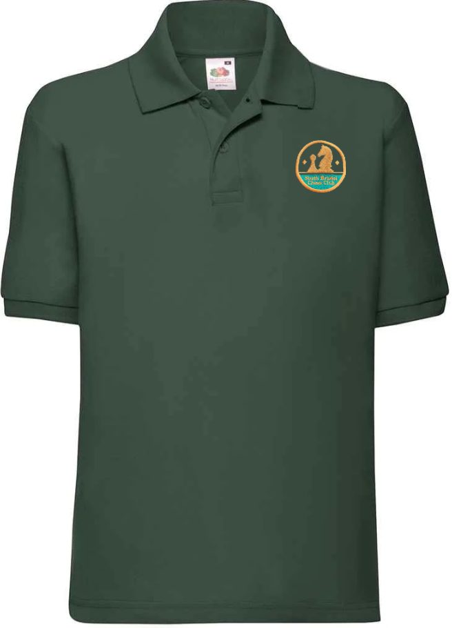 The Martin Berrill Sports Checkers Chess Club Junior Polo Shirt is dark green with short sleeves, a collar, and a small round yellow and green embroidered club logo with a dog and person on the left chest.
