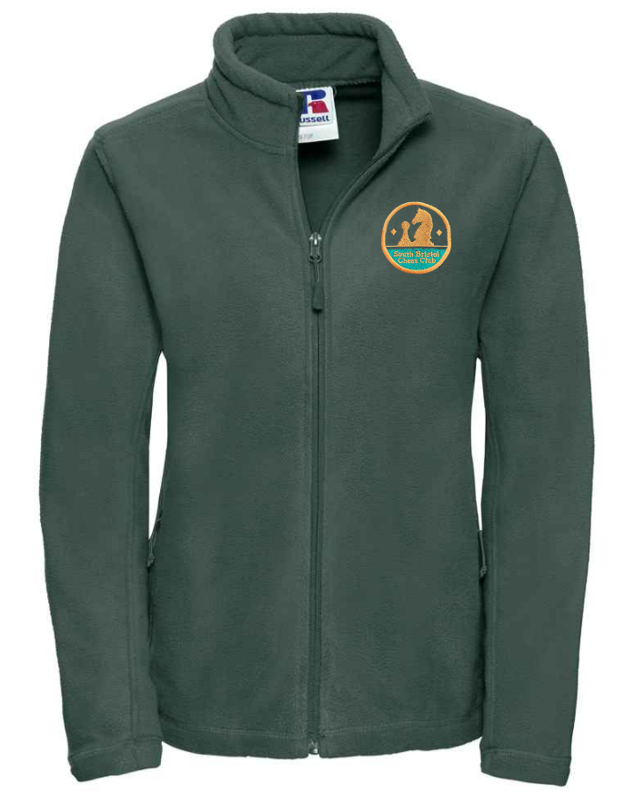 The Martin Berrill Sports Checkers Chess Club Ladies Fleece Jacket is forest green with long sleeves, a front zipper, raised collar, and a circular embroidered animal logo patch with text on the left chest.